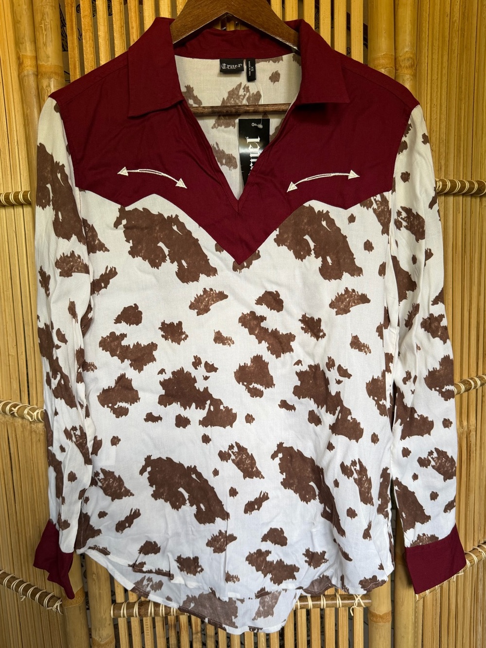 Cowprint Long-Sleeve Western tunic Shirt - Burgundy and Brown